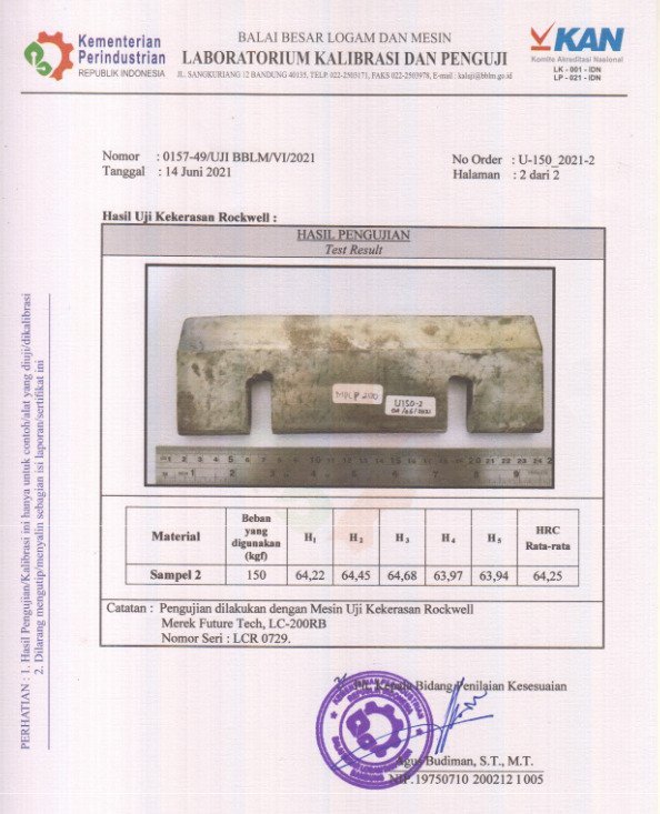 Sertifikat UJI Pisau HRC 64,2